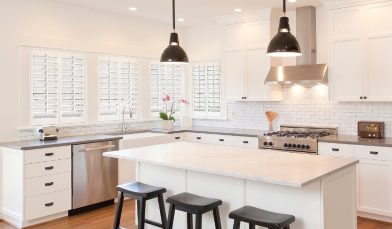 Plantation shutters in a bright Hartford kitchen.